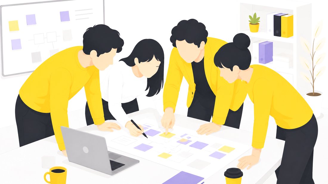 机に広げた付箋と資料を4人で囲み、業務の流れを整理しているイラスト